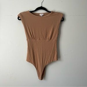 Lelis Tan Short Sleeved Bodysuit with Padded Shoulders